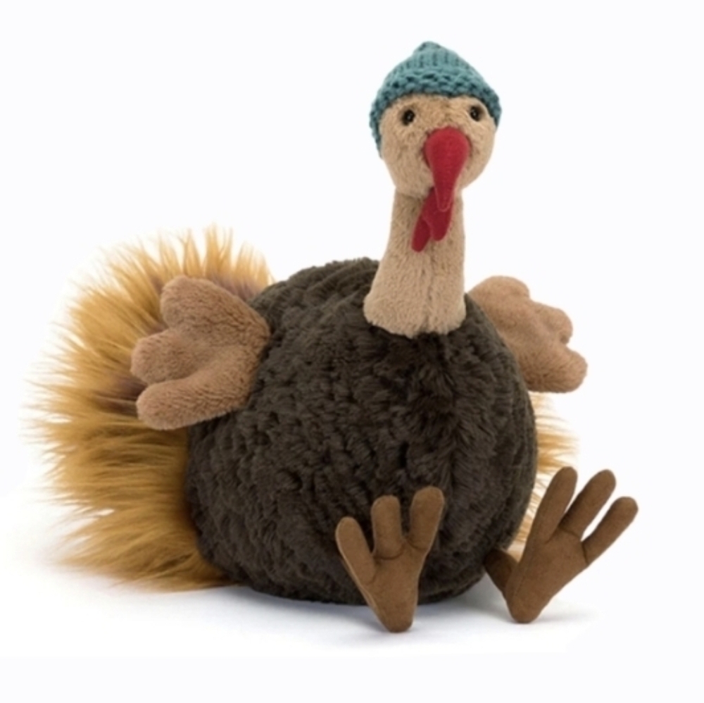 Jellycat Brown Turkey Plush with Teal Hat and Rusty Yellow Tail